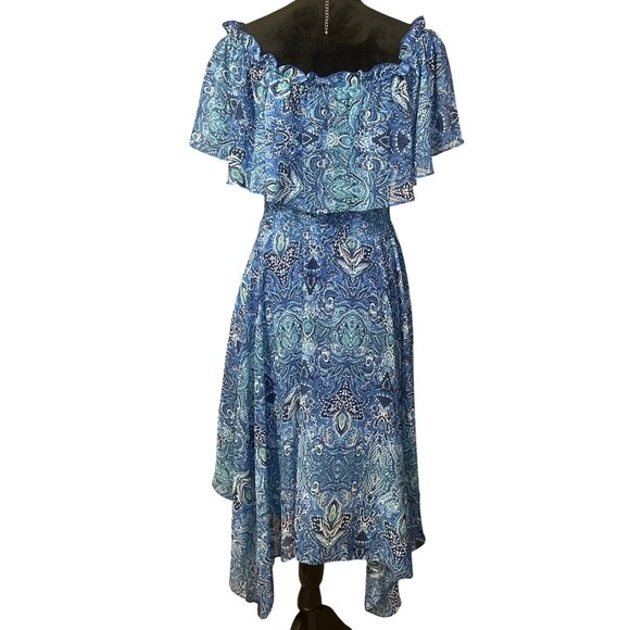 Chris McLaughlin Blue Paisley Off-Shoulder Smocked Midi Dress Size 10 - Picture 3 of 4